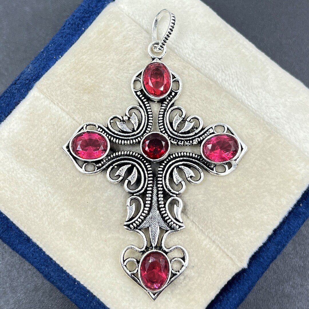 Garnet Cross Pendant: Handmade 925 Sterling Silver Necklace - Etsy
