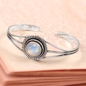 Rainbow Moonstone Bangle, 925 Sterling Silver Bangle, Cuff Handmade Bangle, Adjustable Bangle, Gemstone Bracelet, Round Moonstone Bangle