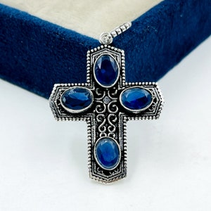 Handmade Sapphire Cross Pendant: 925 Sterling Silver Gemstone Necklace