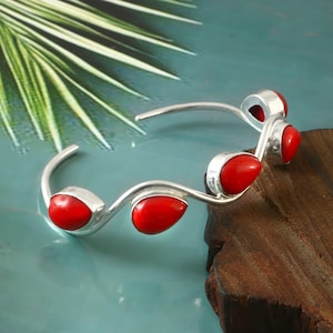 Red Coral Sterling Silver Cuff Bangle: Handmade Gemstone Jewelry