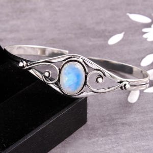 Rainbow Moonstone Cuff Bangle: Handmade 925 Sterling Silver Adjustable Bohemian Jewelry