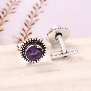 Amethyst Cufflinks, 925 Sterling Silver Button, Amethyst Gemstone Cufflinks ,Handmade Button, Amethyst Button Cufflinks, Antique Jewelry