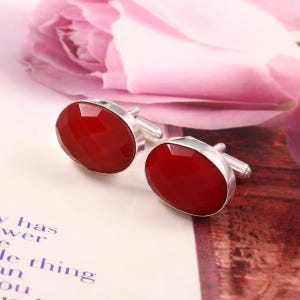 Red Coral Cufflinks: Handmade 925 Sterling Silver Gemstone Buttons