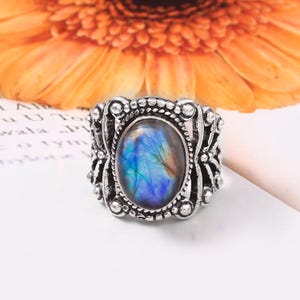 Blue Fire Labradorite Ring: Handmade 925 Sterling Silver Band