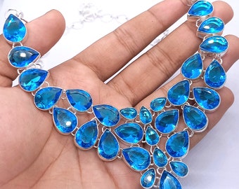 Blue Topaz Necklace, Handmade 925 Sterling Silver Gemstone Boho Necklace