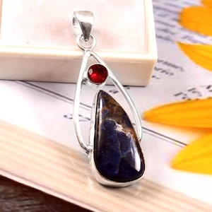 Lapis Lazuli & Garnet Pendant: Handmade Sterling Silver Necklace