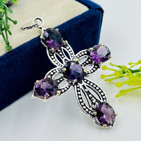 Natural Amethyst Cross Pendant, 925 Sterling Silver Pendant, Handmade Amethyst Necklace, Amethyst Pendant, Christmas Gift, Gift For Her