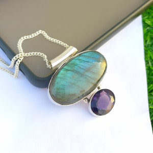 Labradorite Amethyst 925 Sterling Silver Pendant Necklace