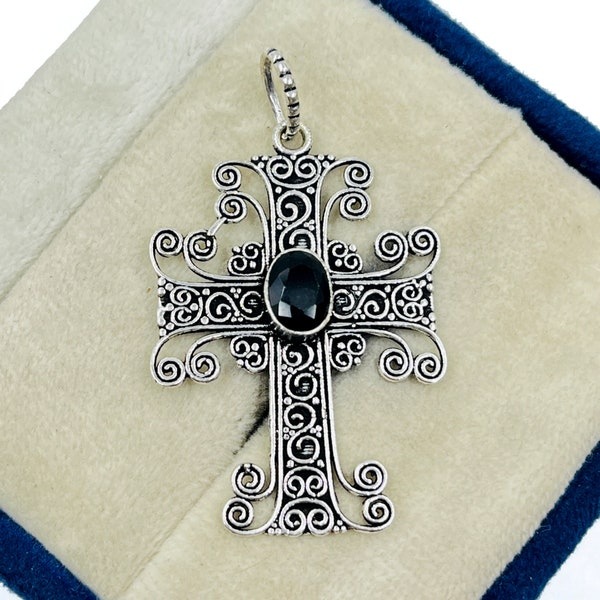 Black Onyx Cross Pendant, 925 Sterling Silver, Black Onyx Handmade Necklace, Gemstone Silver Pendant, Christmas Gift, Gift For Her