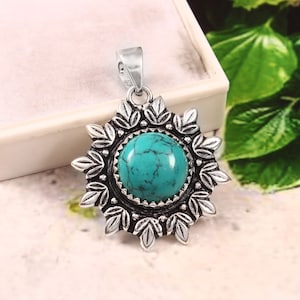 Turquoise Flower Pendant Necklace: Handmade Sterling Silver Gemstone