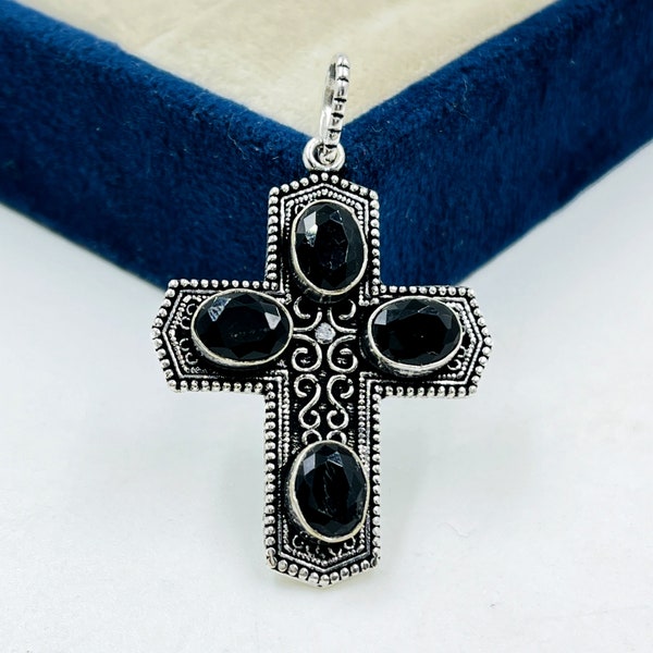 Black Onyx Cross Pendant, 925 Sterling Silver, Black Onyx Handmade Necklace, Gemstone Silver Pendant, Christmas Gift, Gift For Her