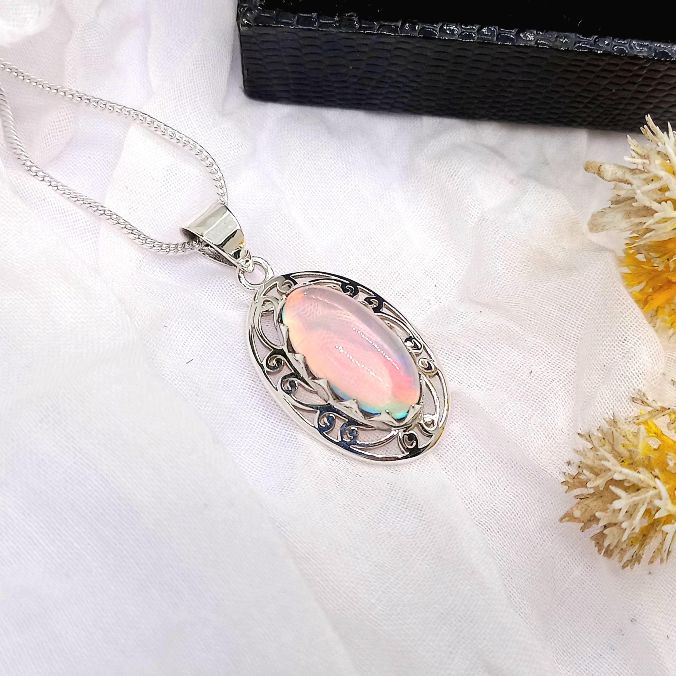 Genuine Opal Pendant Silver Necklaces, Silver Pendant Necklaces, Minimalist Opal Necklace, Ethiopian Opal Pendant Necklaces, Gift for Her