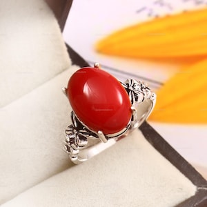 Handmade Red Coral Ring: 925 Sterling Silver Gemstone Band