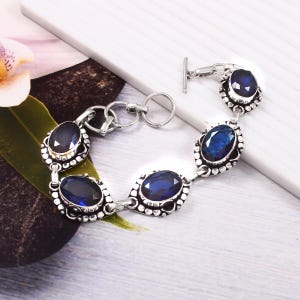 Faceted Blue Sapphire Bracelet: Handmade 925 Sterling Silver Chain