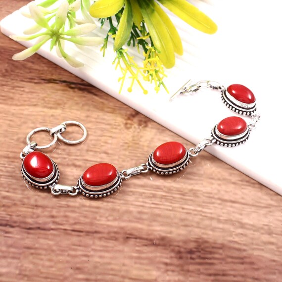 Bracelet corail rouge en argent sterling 925 Bracelet corail rouge réglable fait main Bracelet corail rouge pierres précieuses cadeau pour sa mère - France