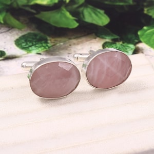 Handmade Rose Quartz Cufflinks, 925 Sterling Silver Gemstone Buttons