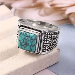 Square Turquoise Mens Ring: Handmade Sterling Silver Band