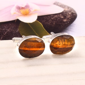Tiger Eye Cufflinks, Sterling Silver Cufflink, Groomsmen Cufflinks, Gemstone Cufflinks, Men&#39;s Cufflinks, Oval Tiger Eye Gemstone Cufflinks