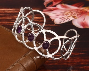 Natürlicher Amethyst-Armreif, 925 Sterlingsilber-Armreif, Amethyst-Armband, handgefertigter Armreif, verstellbarer Armreif, lila Edelstein-Armreif