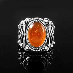 Handmade Amber Ring: Sterling Silver Band Ring, Oval Gemstone