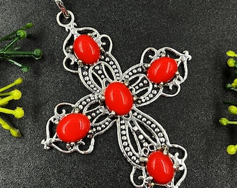 Red Coral Cross Pendant: Handmade 925 Sterling Silver Necklace