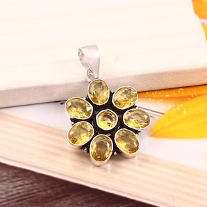 Citrine Flower Silver Pendant, Gemstone Charm Necklace, 925 Sterling Silver Necklace, Natural Citrine Silver Antique Pendant, Gift For Her