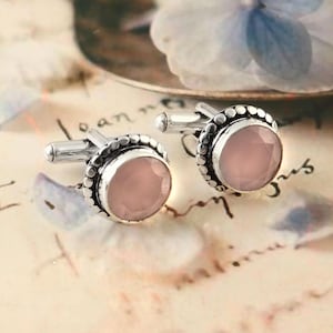 Rose Quartz Men&#39;s Cufflinks, Handmade 925 Sterling Silver Gemstone Jewelry