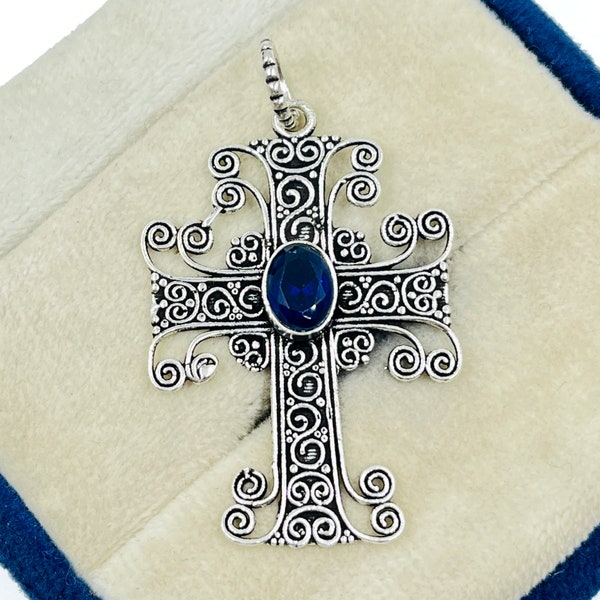 Sapphire Cross Pendant, 925 Sterling Silver, Sapphire Handmade Necklace, Gemstone Pendant, Handmade Pendant, Christmas Gift, Gift For Her