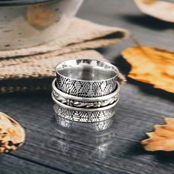 Sterling Silver Spinner Ring: Wide Band Fidget, Meditation Jewelry
