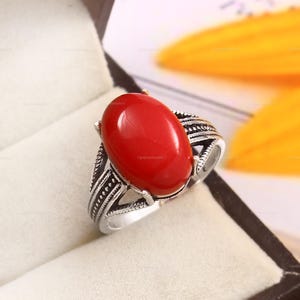 Natural Red Coral Ring: Handmade 925 Sterling Silver Band