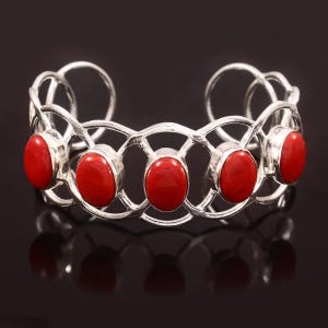 Red Coral Bangle: Handmade 925 Sterling Silver Adjustable Cuff