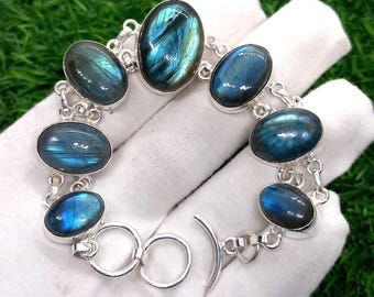 Rare Labradorite 925 Sterling Silver Bracelet - Handmade Boho Jewelry