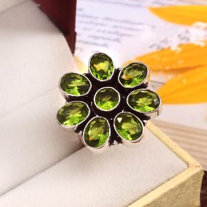 Handmade Peridot Flower Ring: Sterling Silver Boho Gemstone Ring