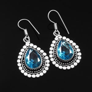 Blue Topaz Earrings: Pear Sterling Silver Dangle Earrings