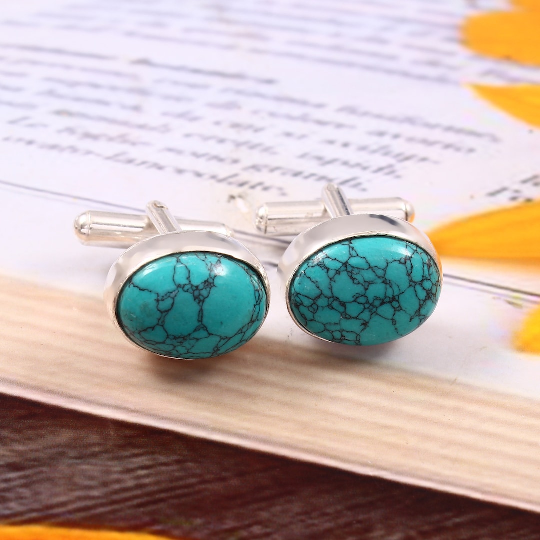 Boutons De Manchette Ovales Turquoises En Argent 925 - Bijoux élégants Pour Homme - Neuf Avec étiquettes