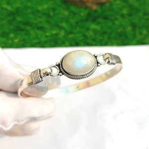 Handmade Rainbow Moonstone Bangle: Adjustable 925 Sterling Silver Cuff