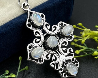 Collier Croix En Argent Sterling 925 Avec Pierre De Lune Et Tanzanite - Fait Main En Inde - Bijou Spirituel Et Moderne