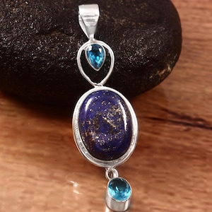 Handmade Lapis Lazuli & Blue Topaz 925 Sterling Silver Pendant
