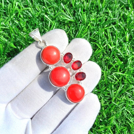 Pendentif Fait Main En Argent Sterling 925 Avec Corail Rouge – Pierre Ovale