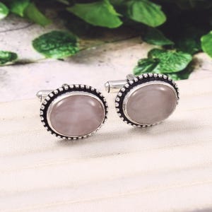 Handmade Rose Quartz Cufflinks, 925 Sterling Silver Gemstone Buttons