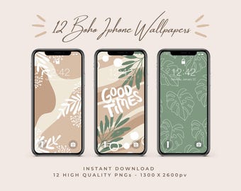 Set of 12 Neutral Boho Phone Wallpaper Digital Download | Beige Cream & Sage Green iPhone Wallpaper | Aesthetic phone background