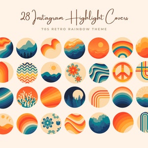 Retro Instagram Highlight Covers | 70s Retro Rainbow Set of 28 Digital Download | Groovy Abstract IG Highlight Covers | Social Media Icons