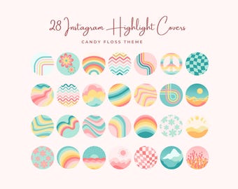 May include: 28 Instagram highlight covers in a candy floss theme. The covers feature a variety of designs, including rainbows, peace signs, chequered patterns, flowers, mountains, and sunrises.