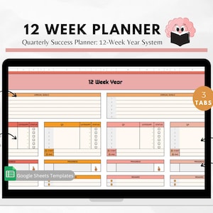 12 Week Year Planner Google Sheets Template, 12 Week Goal Planner Tracker, 3 month Quarterly Goal Planner Annual 90 Day Spreadsheet Template