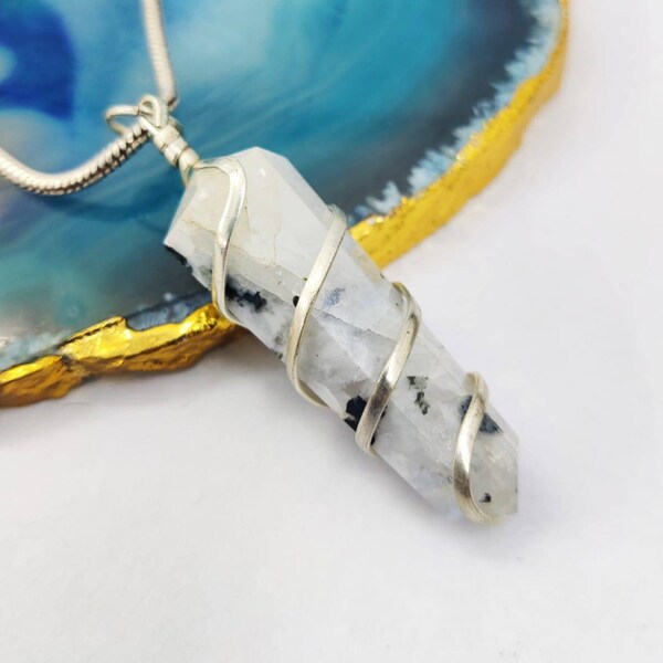 Handmade Labradorite & Moonstone Double Point Crystal Pendant - 4cm, Feng Shui, Reiki, Meditation Jewelry