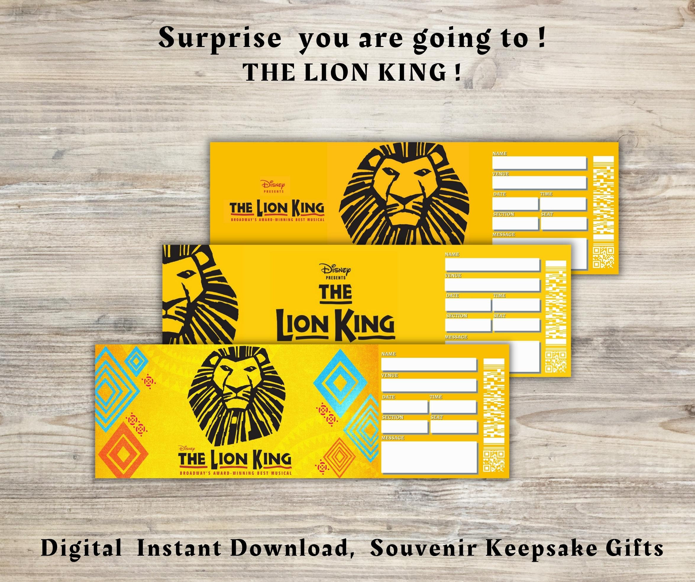 Printable THE LION KING Broadway Surprise Ticket. Editable Etsy