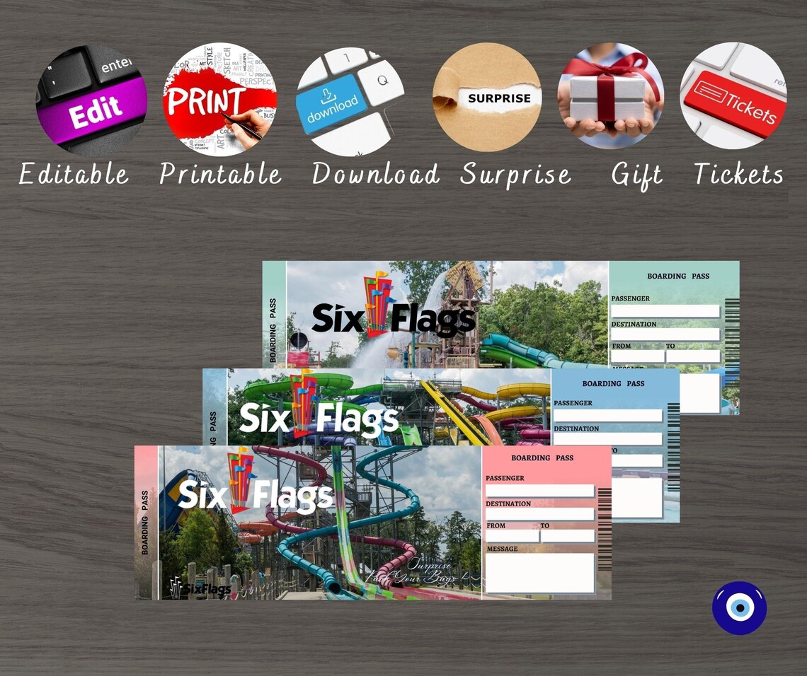 Printable SIX FLAGS Surprise Gift Ticket. Editable Boarding Etsy