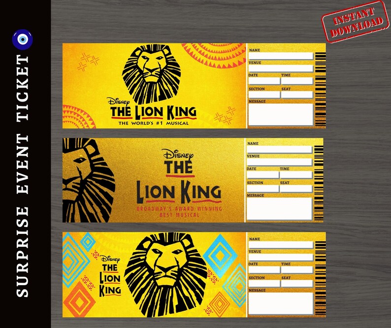 Printable THE LION KING Broadway Surprise Ticket. Editable Etsy