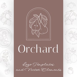 May include: A set of vector illustrations of fruit and floral designs. The illustrations are in a minimalist style and feature pears, grapes, figs, lemons, and flowers. The text "Orchard Logo Templates and Vector Elements" is displayed in white on a brown background.