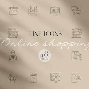 Lijnpictogrammen online winkelen. Online winkel Iconen in Vector en PNG. Verzending, winkelwagen, contant geld, verkoop, aanbod, online winkel, online bedrijf